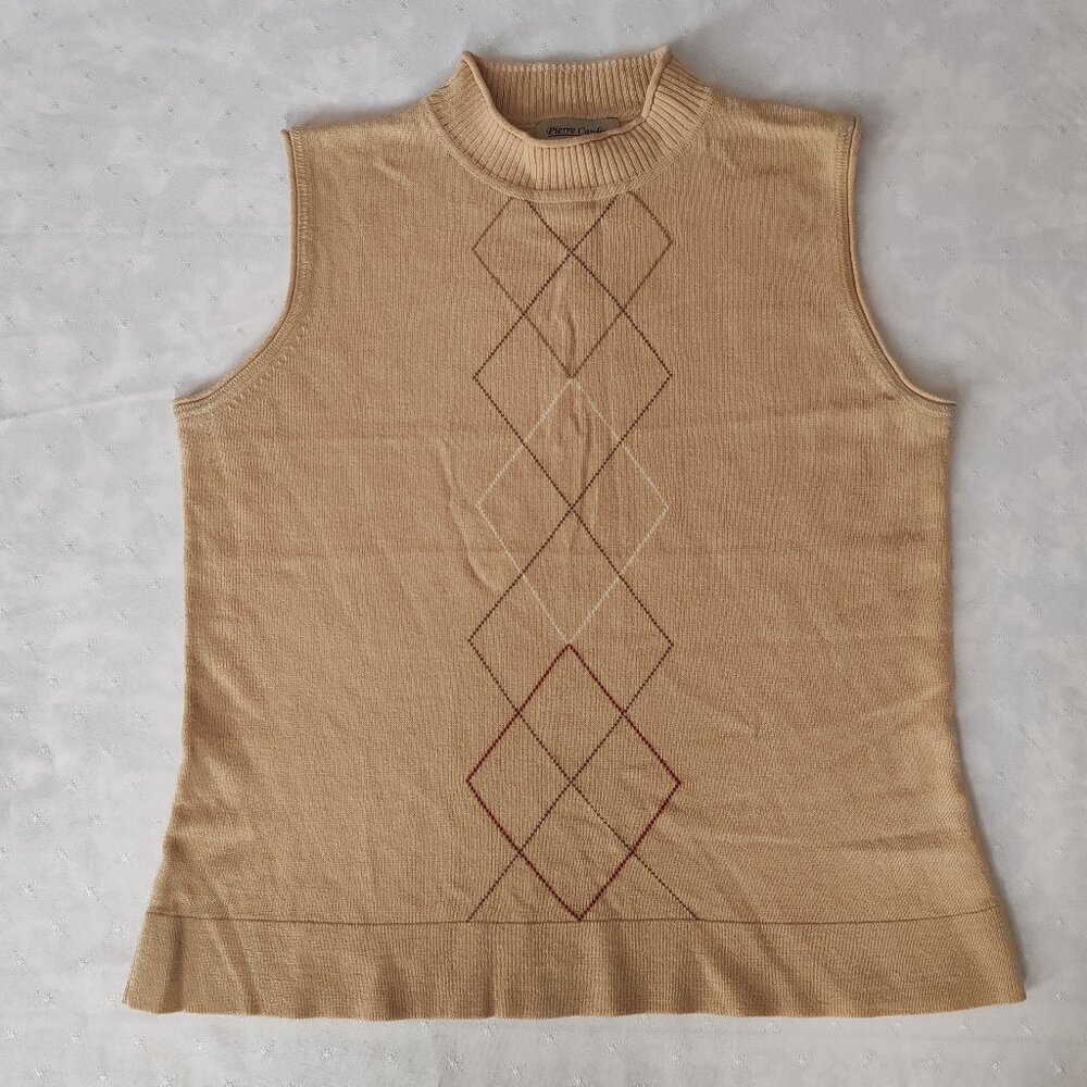 Vintage Pierre Cardin Femme Argyle Sweater Vest - Mock Neck - Tan/Beige - Size L